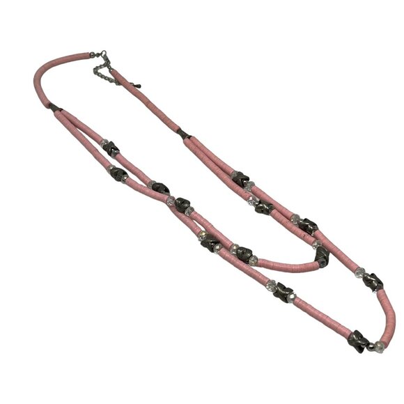 Double Strand Necklace Pink Flat Beads Crystal and Silver Stations - Picture 6 of 6
